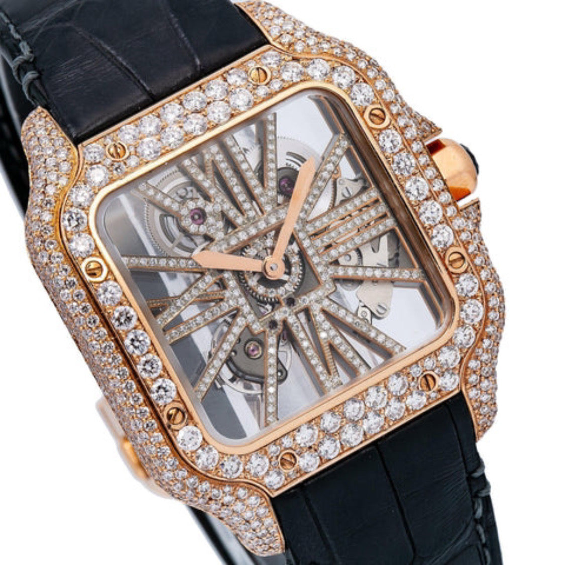 Bust Down Skeleton Moissanite Watch | 16c | 14k Rose Gold | D-Color Stone