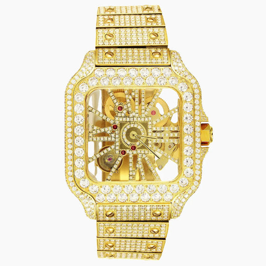Bust Down Skeleton Moissanite Watch | 16c | 14k Yellow Gold | No Logo | D-Color Stone
