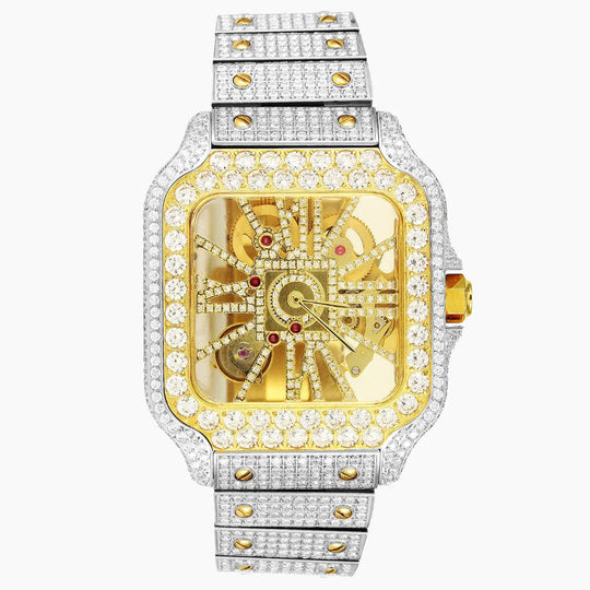 Bust Down Skeleton Moissanite Watch | 16c | 14k White & Yellow Gold | No Logo | D-Color Stone